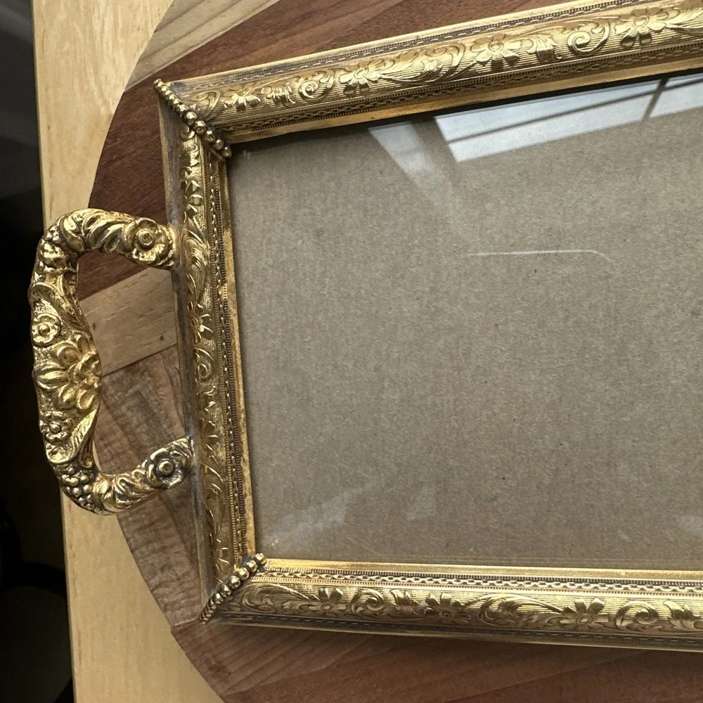 Vintage Picture Vanity Tray 8.5 Inch‎ Handles Velvet Gold Plate Ornate Flowers